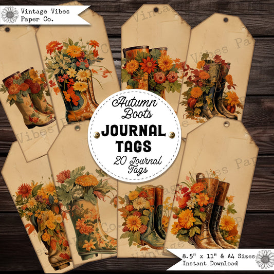 Autumn boots junk Journal tags perfect for fall themed junk journals, digital journalling tags floral rain boots, vintage floral journal