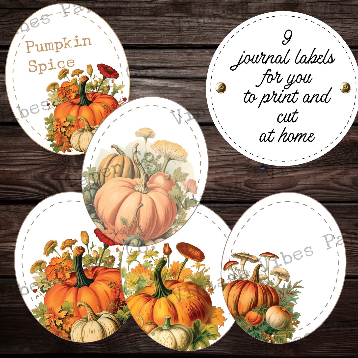 junk journal autumn pumpkin & mushroom oval labels, digital download printable page of 9 labels, Fall junk journal label page