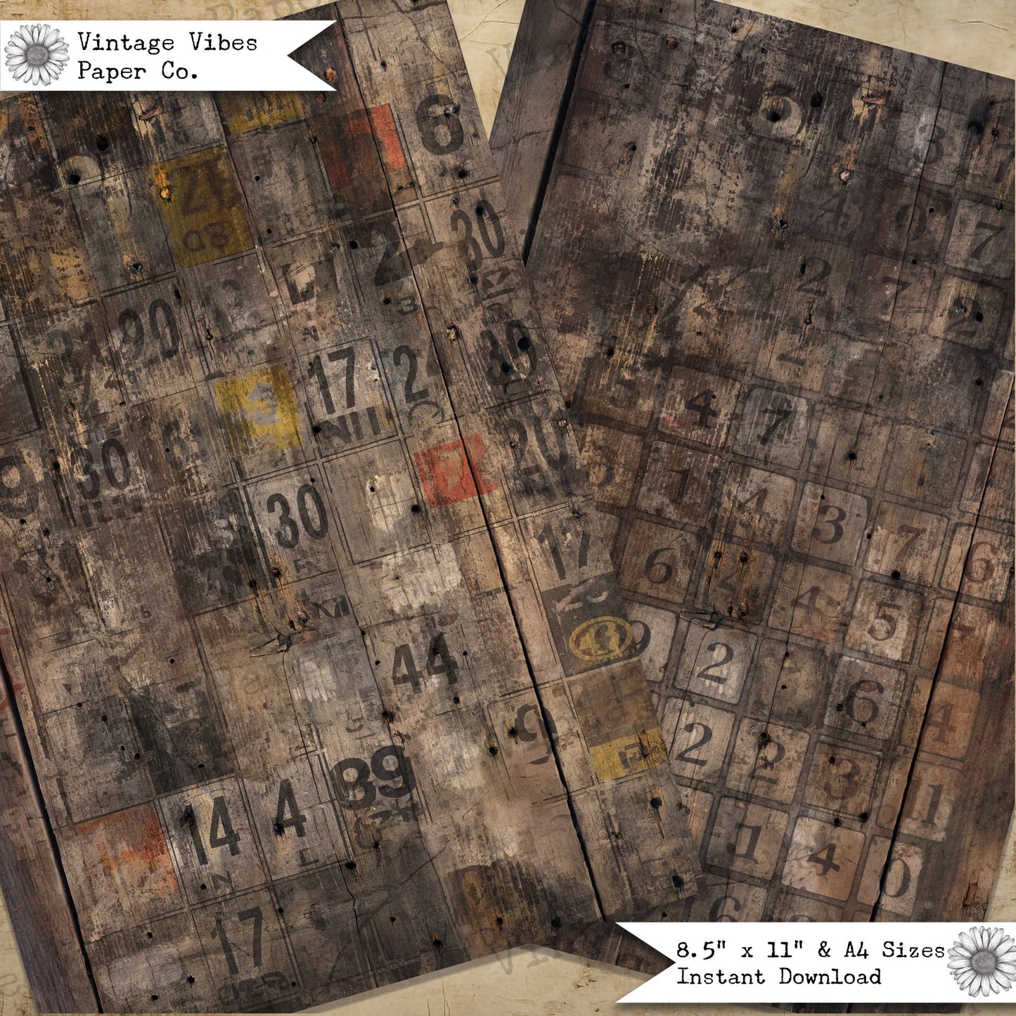 Junk journal paper grunge wooden number paper, textured mixed media collage background papers, digital printable junk journal paper kit