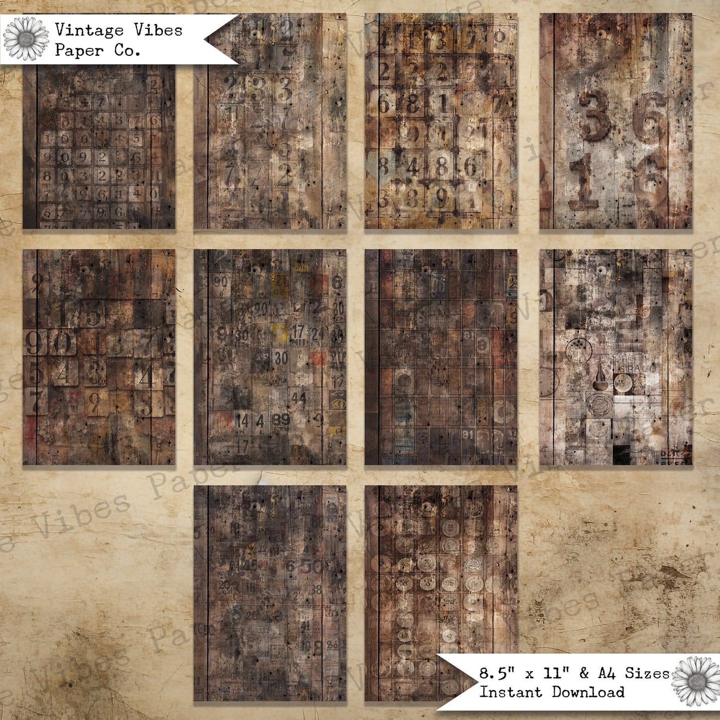 Junk journal paper grunge wooden number paper, textured mixed media collage background papers, digital printable junk journal paper kit