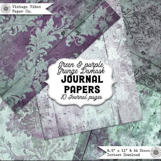 Junk journal papers purple & green Grunge Damask , textured vintage junk journal papers, download printable digital junk journal paper kit