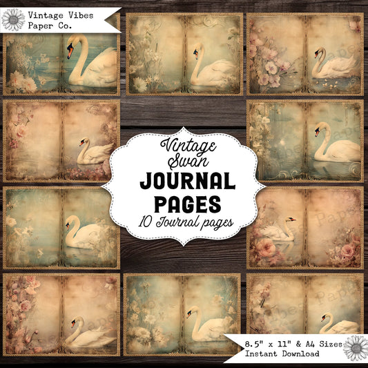 Junk journal pages spread Vintage swan, bird junk journal themed pages, vintage textured junk journal floral winter swans, digital paper