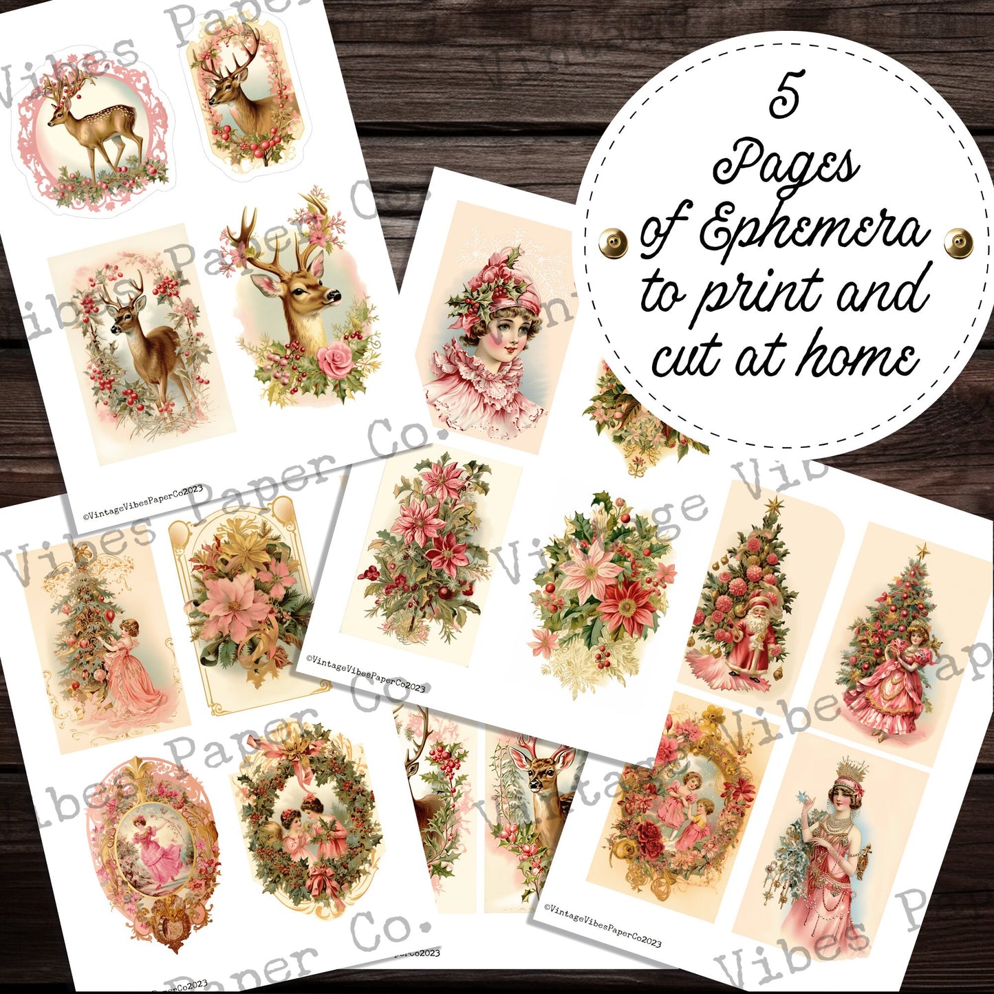 Pint Christmas vintage style junk journal ephemera pages, digital motifs to print and cut out, vintage fawn and more, retro images