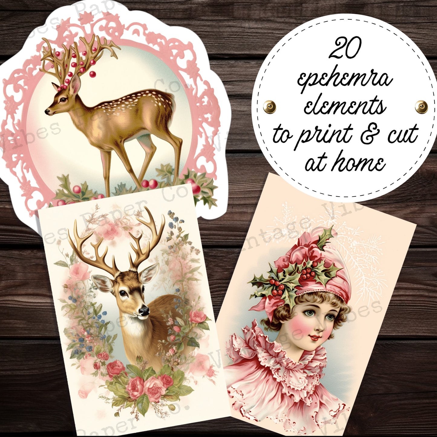 Pint Christmas vintage style junk journal ephemera pages, digital motifs to print and cut out, vintage fawn and more, retro images