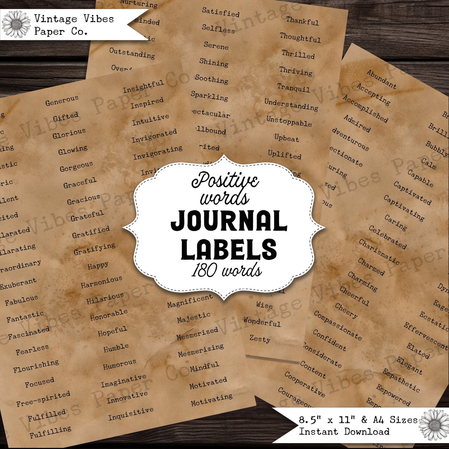 Junk journal word labels, poisitve inspirational junk journal word strips, coffee stained background words, digital printable labels