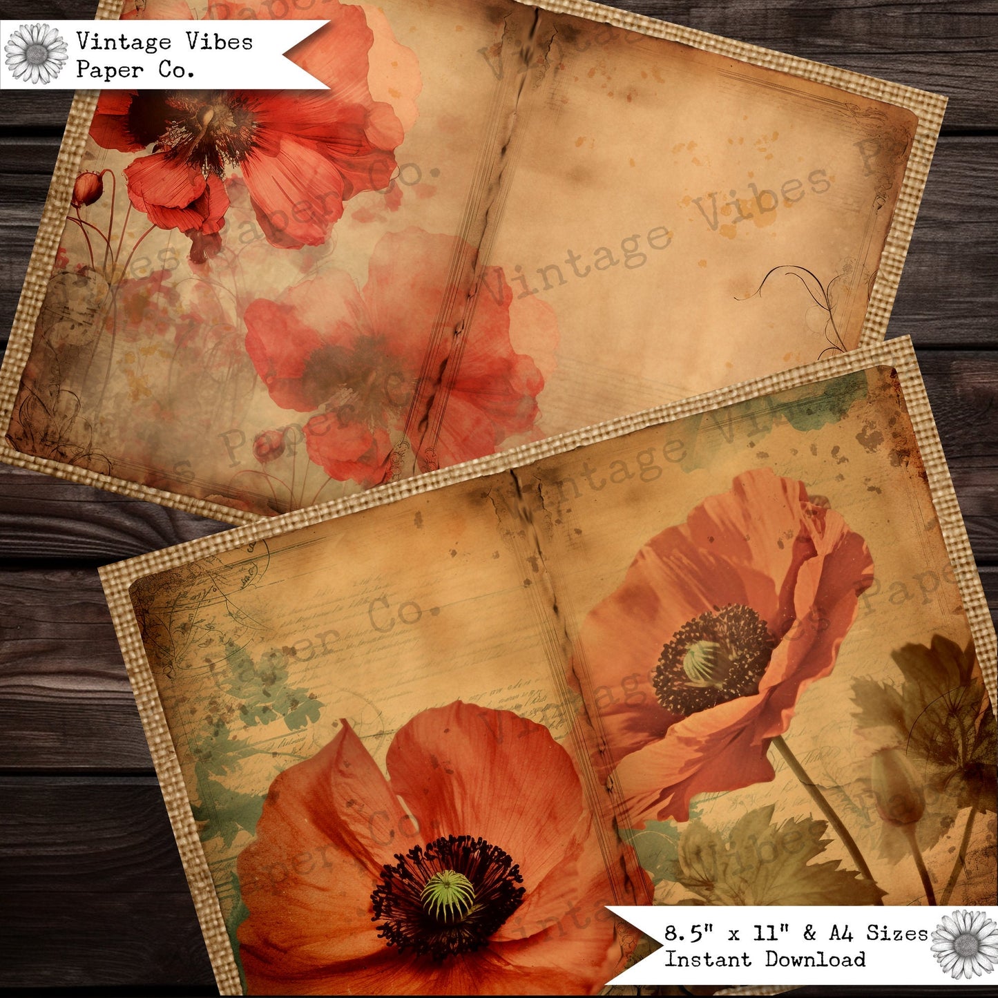 Grunge Poppy junk journal pages, digital junk journal paper kit oriental poppies, vintage red poppy printable papers for rememberance