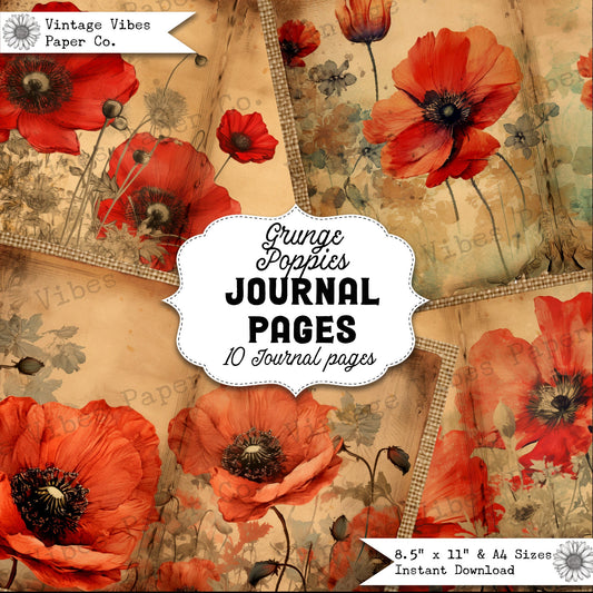 Grunge Poppy junk journal pages, digital junk journal paper kit oriental poppies, vintage red poppy printable papers for rememberance