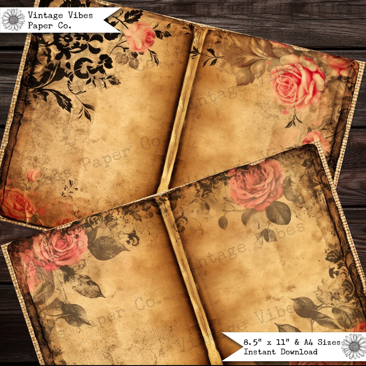 Grunge Pink & Blach Roses Junk journal paper kit, 10 page digital printable junk journal page spread, vintage rose textured papers