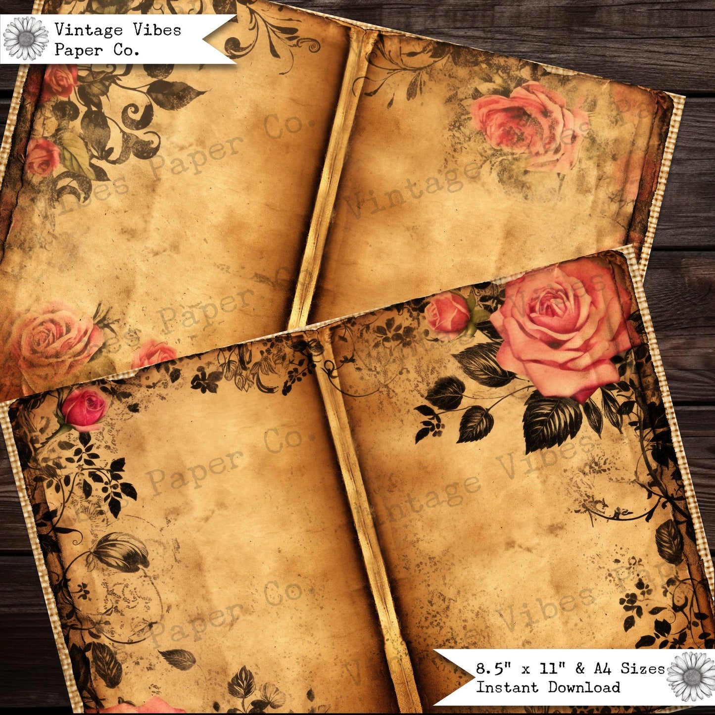 Grunge Pink & Blach Roses Junk journal paper kit, 10 page digital printable junk journal page spread, vintage rose textured papers