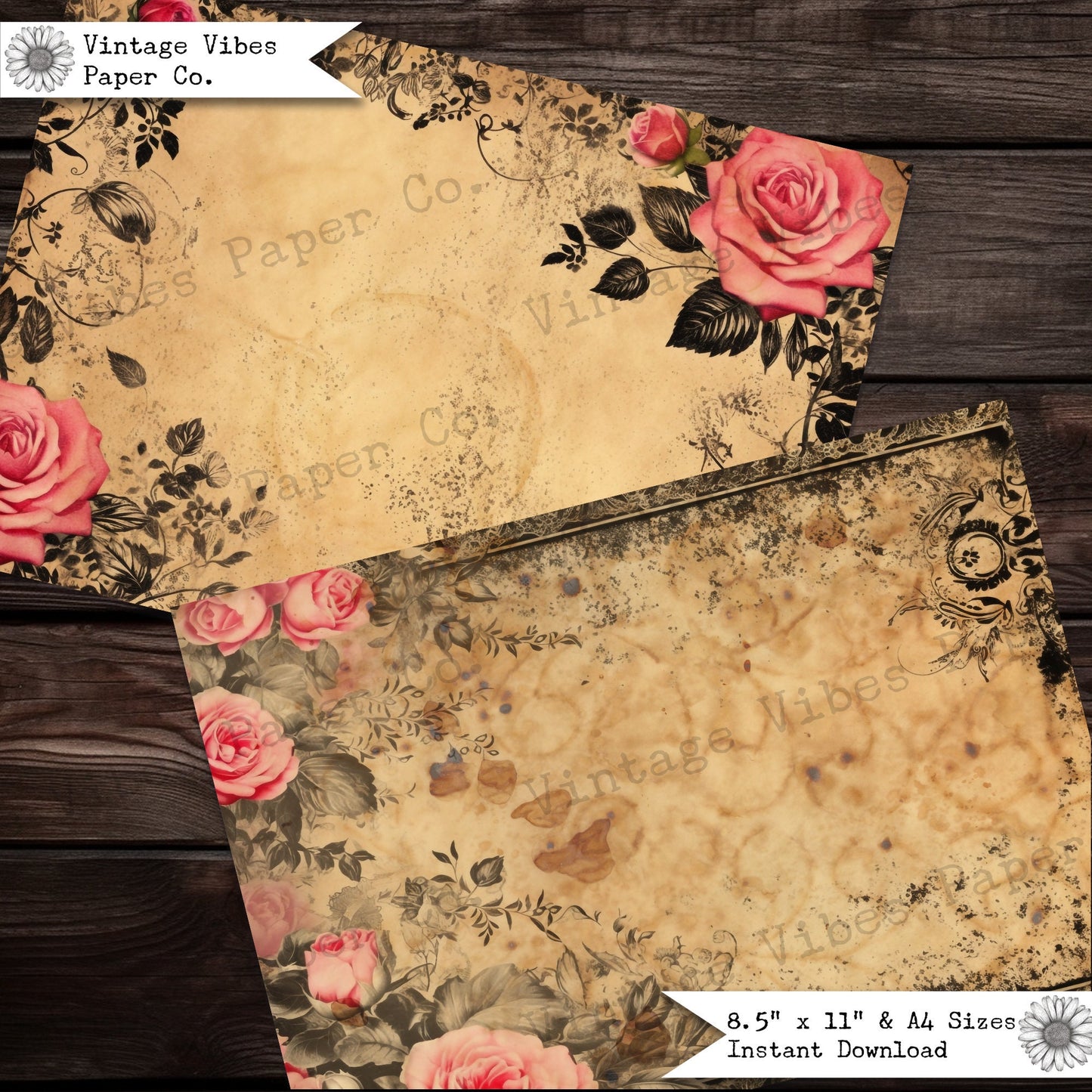 Black and pink Roses Junk journal digital papers, 10 printable vintage style coffee stained papers, printable rustic roses paper to print