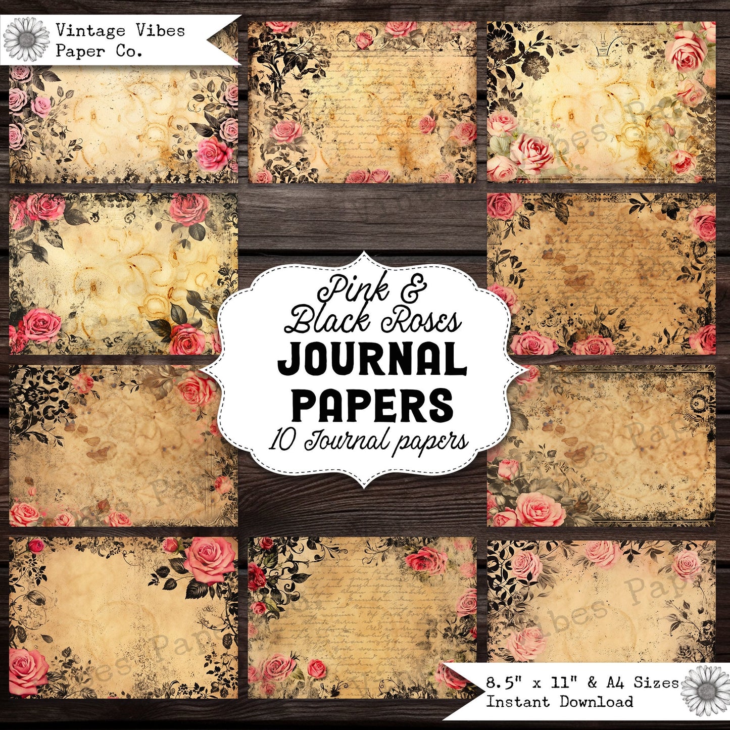 Black and pink Roses Junk journal digital papers, 10 printable vintage style coffee stained papers, printable rustic roses paper to print