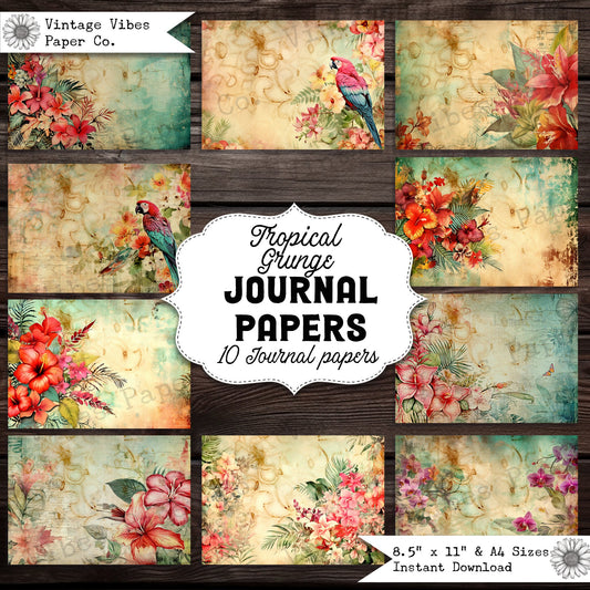 Junk journal papers Tropical Grunge, rustic grungy floral pattern textured collage pages for junk journalling & mixed media collage digital