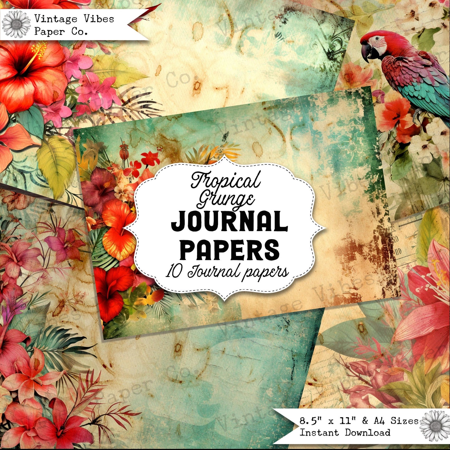 Junk journal papers Tropical Grunge, rustic grungy floral pattern textured collage pages for junk journalling & mixed media collage digital