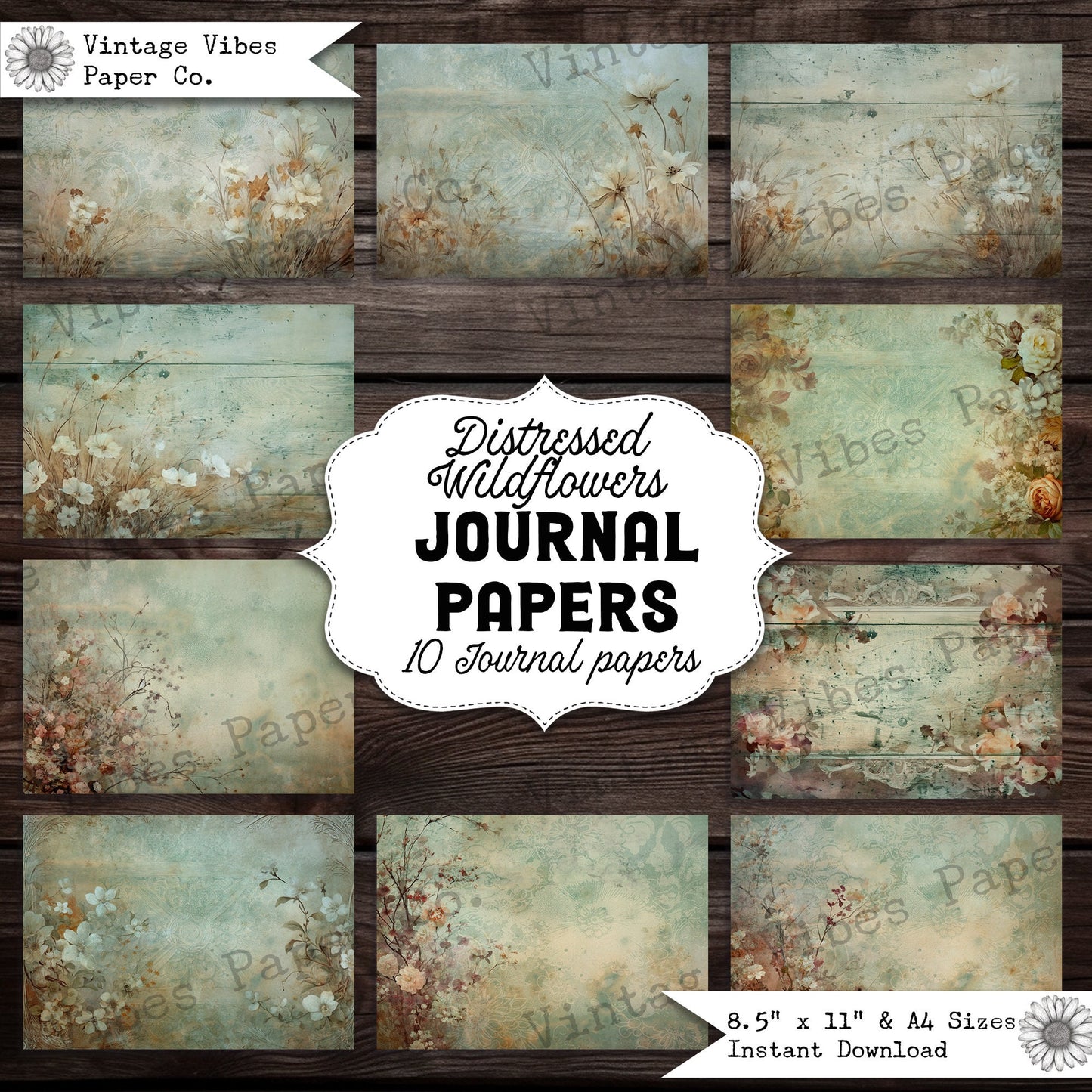 Junk journal papers distressed wildflower, rustic grungy floral textured collage pages for junk journalling & mixed media collage digital