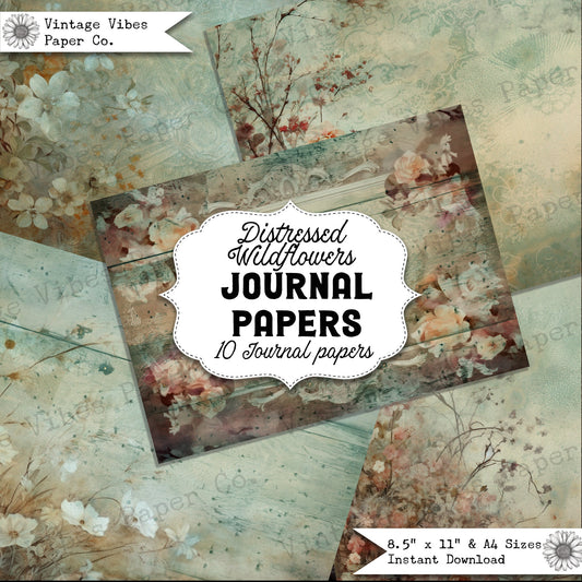 Junk journal papers distressed wildflower, rustic grungy floral textured collage pages for junk journalling & mixed media collage digital