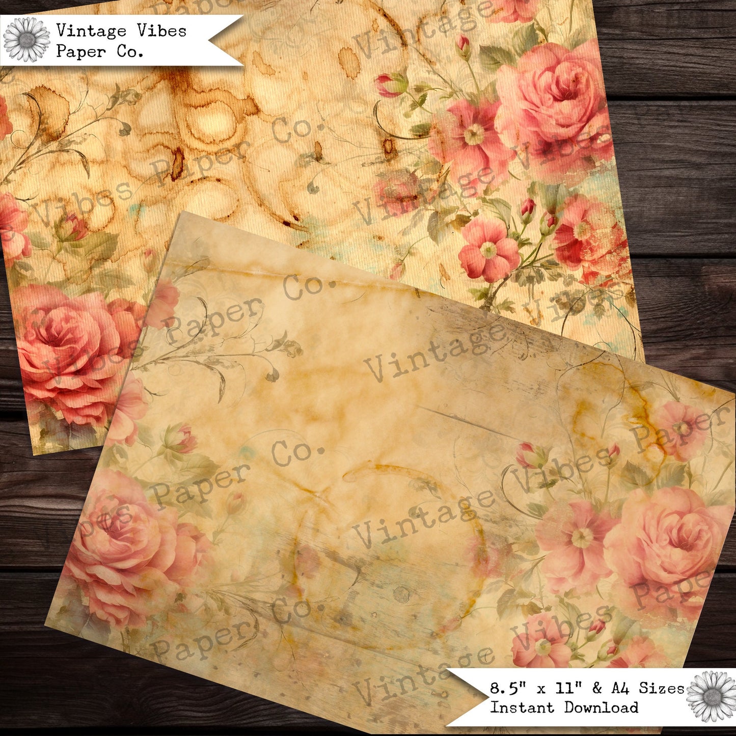 Junk journal papers distressed roses, rustic grungy floral pattern textured collage pages for junk journalling & mixed media collage digital