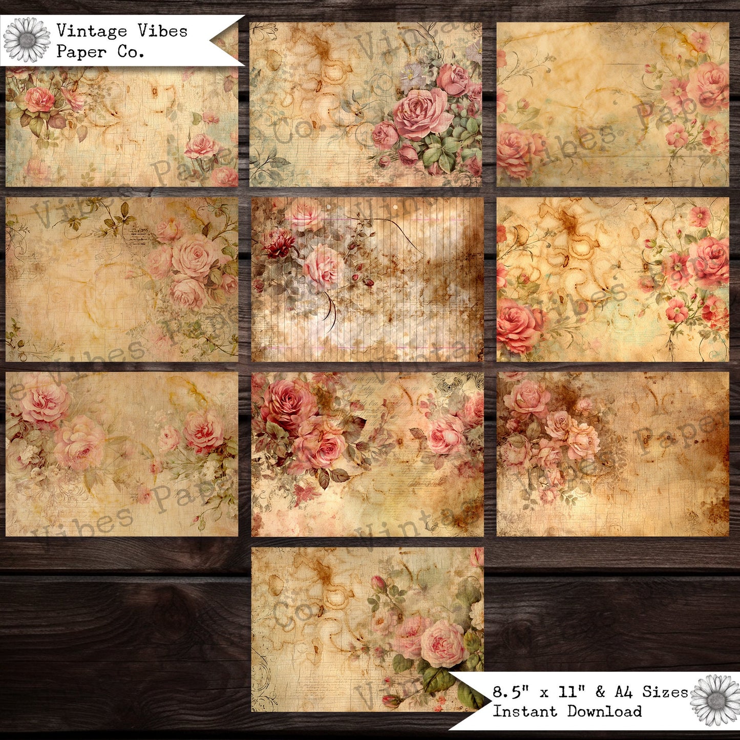 Junk journal papers distressed roses, rustic grungy floral pattern textured collage pages for junk journalling & mixed media collage digital