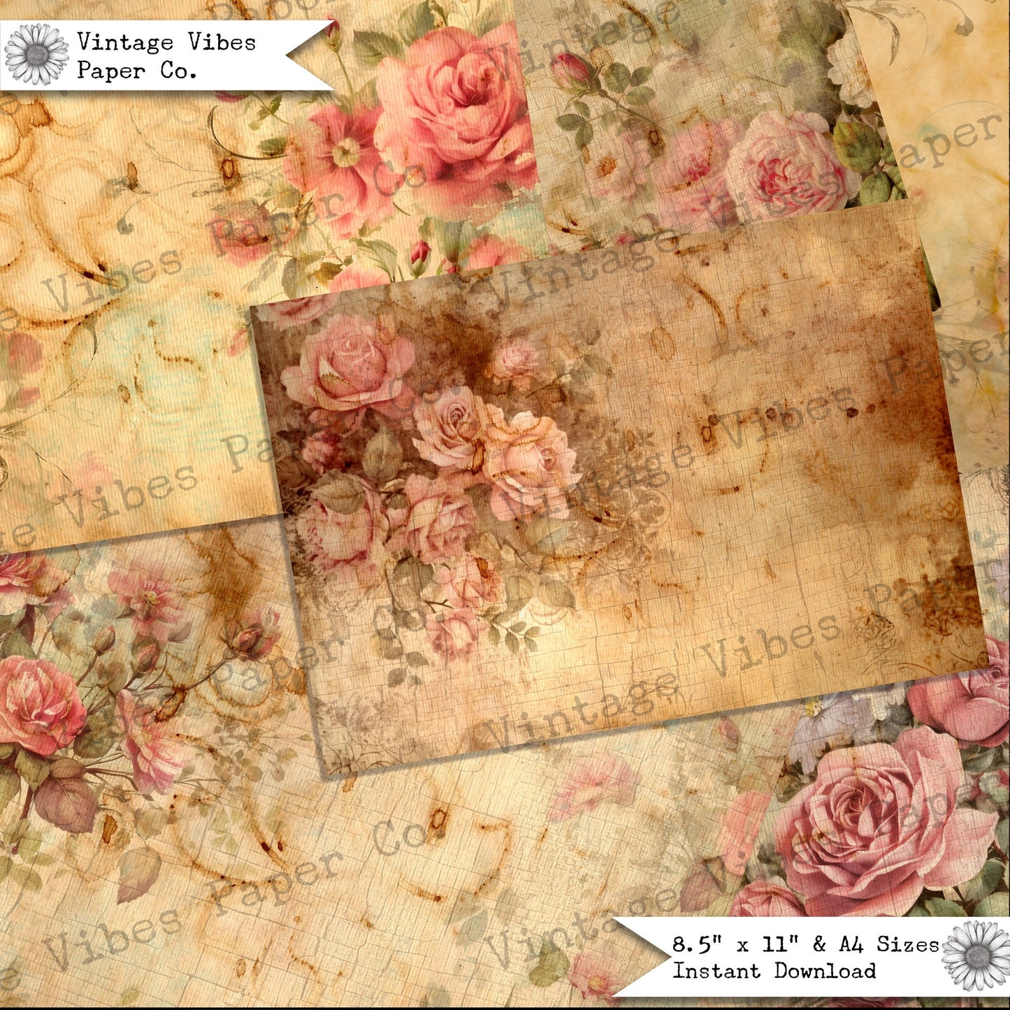 Junk journal papers distressed roses, rustic grungy floral pattern textured collage pages for junk journalling & mixed media collage digital