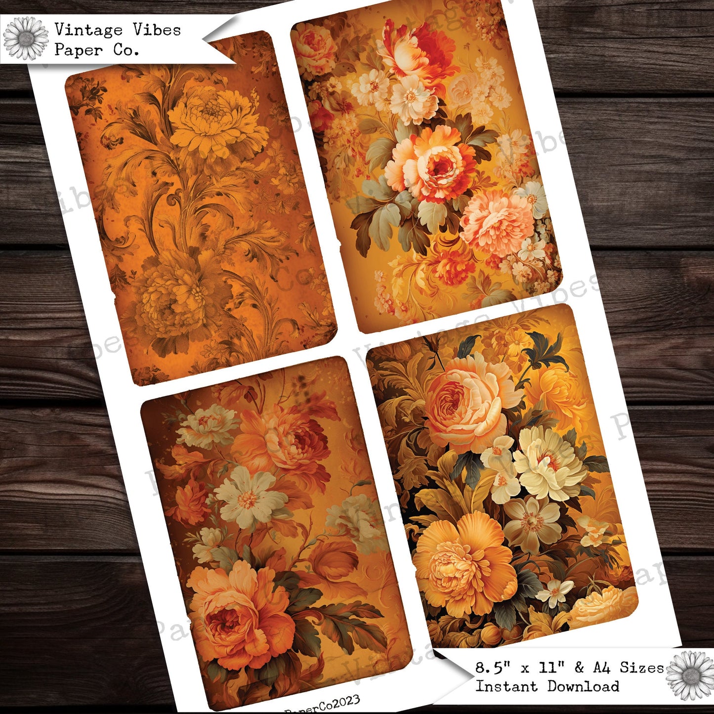 Regal orange flowers junk journal cards, 12 journalling cards to print Autumn baroque floral vintage style ephemera, scrapbooking & crafts