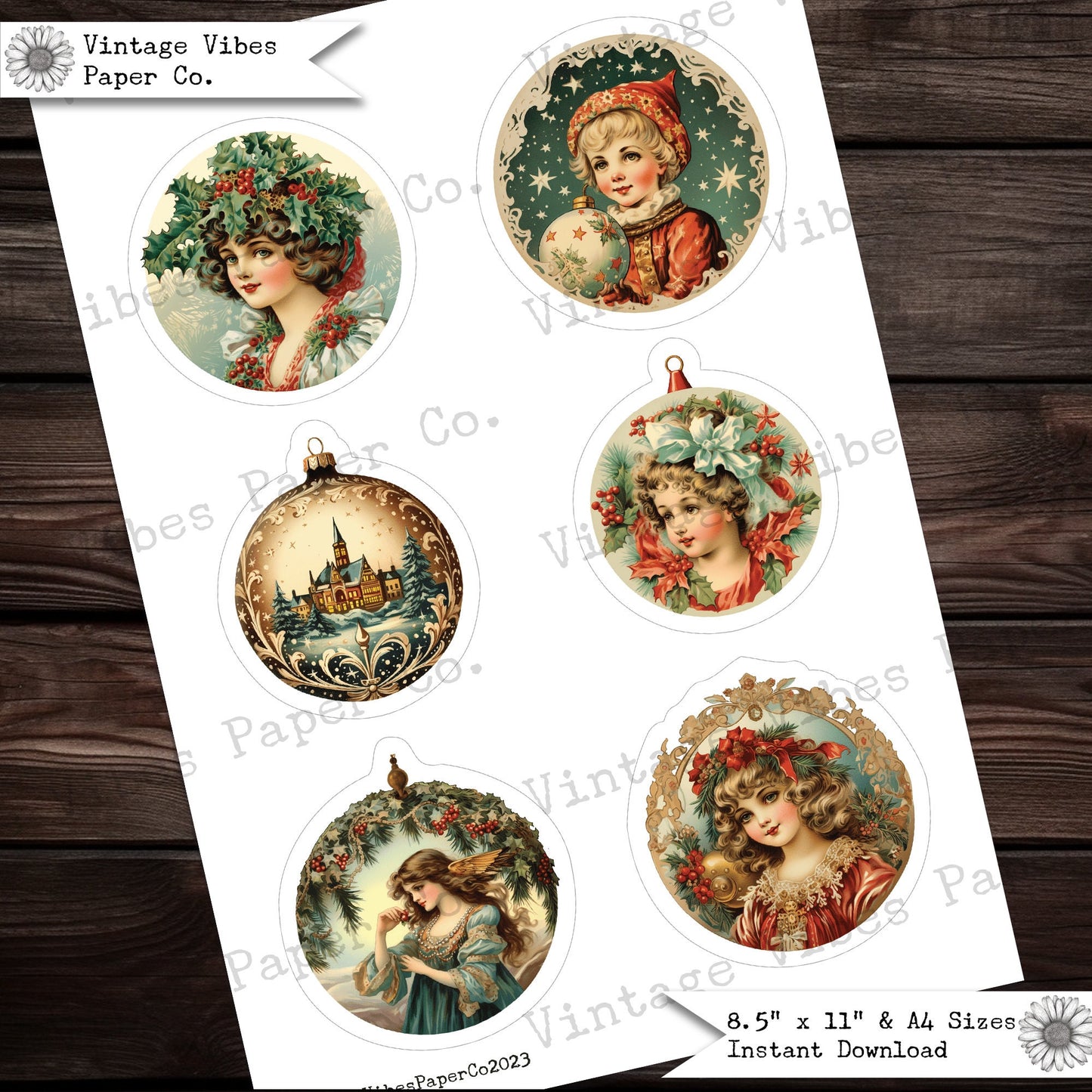 Vintage style round ephemera christmas theme fussy cuts for junk journals, vintage retro 1920's festive junk journal ephemera winter theme