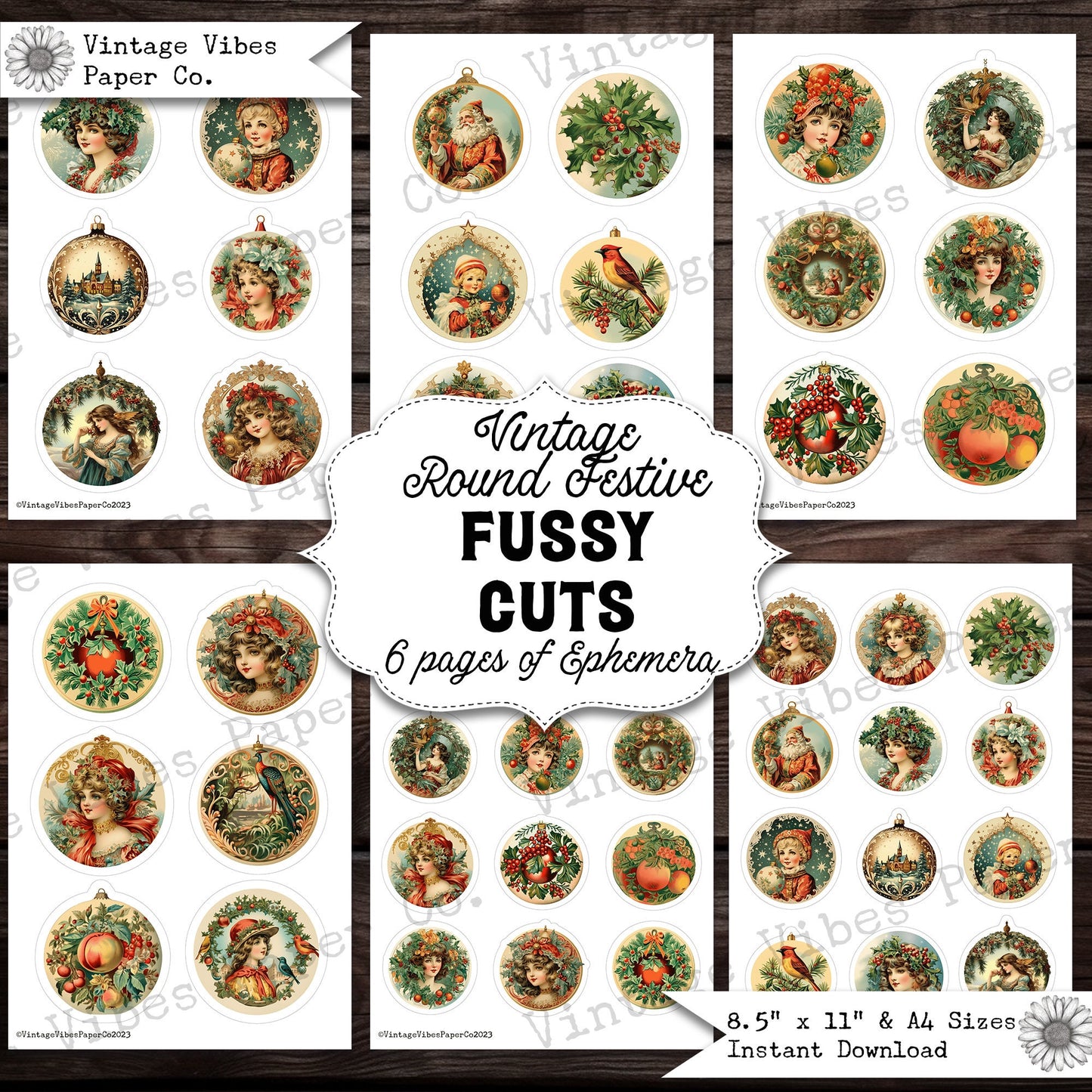 Vintage style round ephemera christmas theme fussy cuts for junk journals, vintage retro 1920's festive junk journal ephemera winter theme