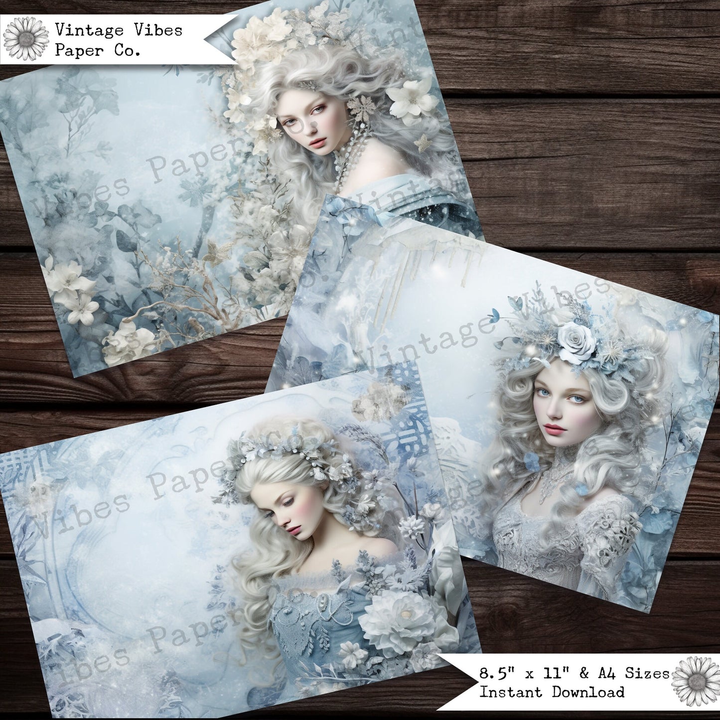 Junk journal papers snow queen, digital christmas printable papers, blue floral festive junk journal pages, winter journal spread