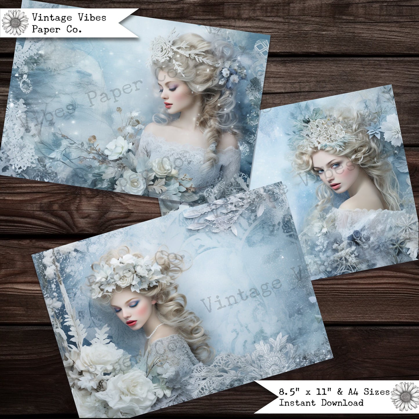 Junk journal papers snow queen, digital christmas printable papers, blue floral festive junk journal pages, winter journal spread