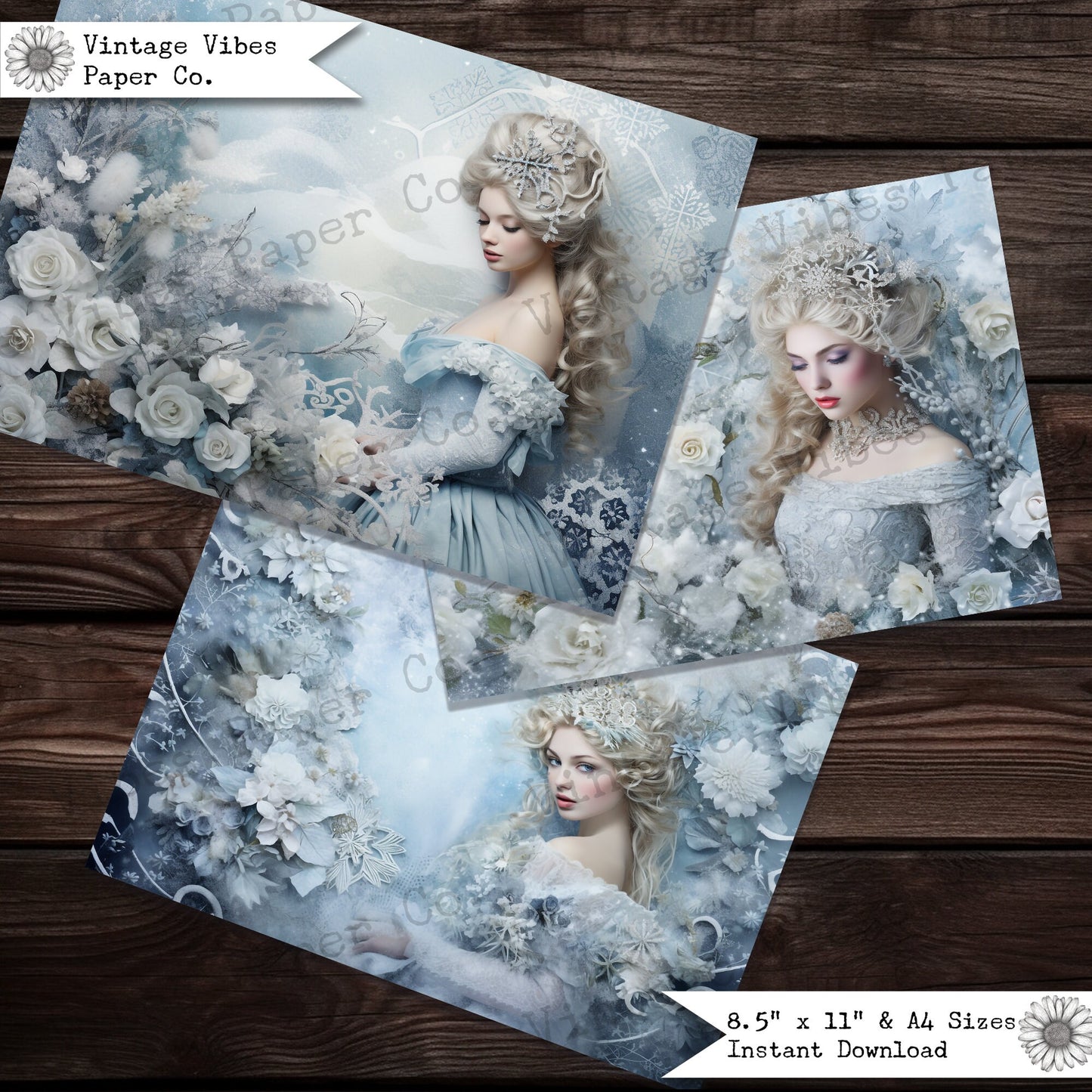 Junk journal papers snow queen, digital christmas printable papers, blue floral festive junk journal pages, winter journal spread