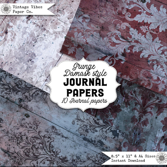 Junk journal papers Red & Blue Grunge Damask , textured vintage junk journal papers, download printable digital junk journal paper kit