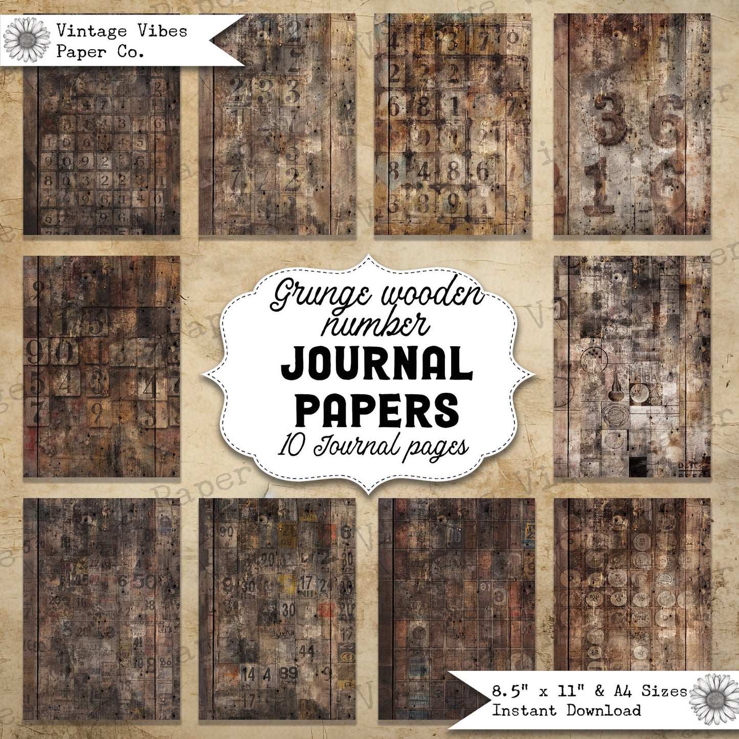 Junk journal paper grunge wooden number paper, textured mixed media collage background papers, digital printable junk journal paper kit