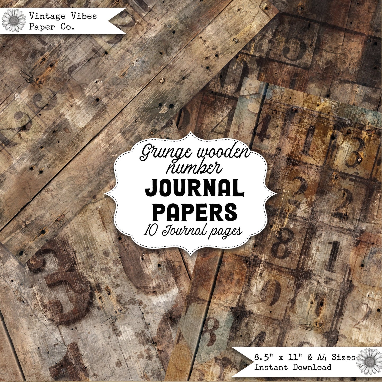 Junk journal paper grunge wooden number paper, textured mixed media collage background papers, digital printable junk journal paper kit