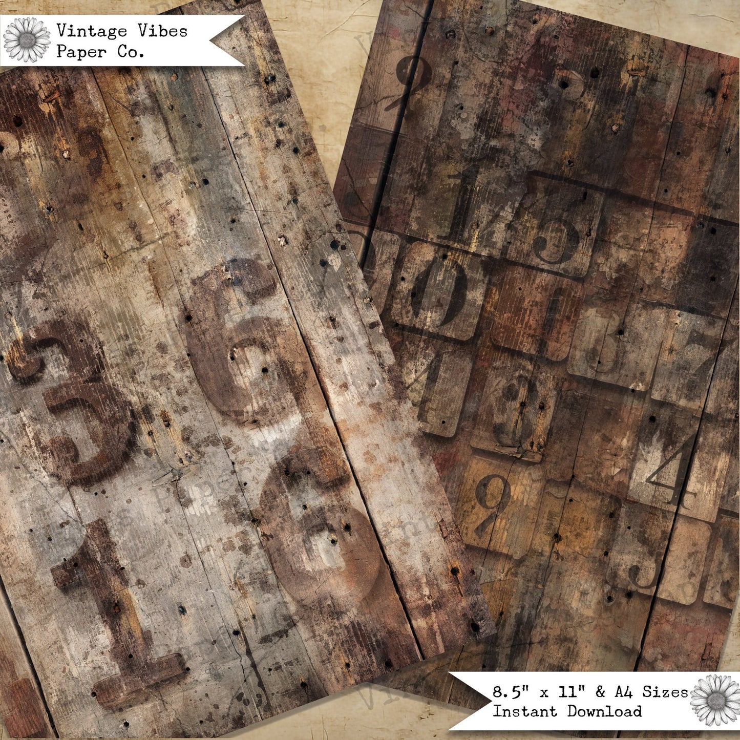 Junk journal paper grunge wooden number paper, textured mixed media collage background papers, digital printable junk journal paper kit