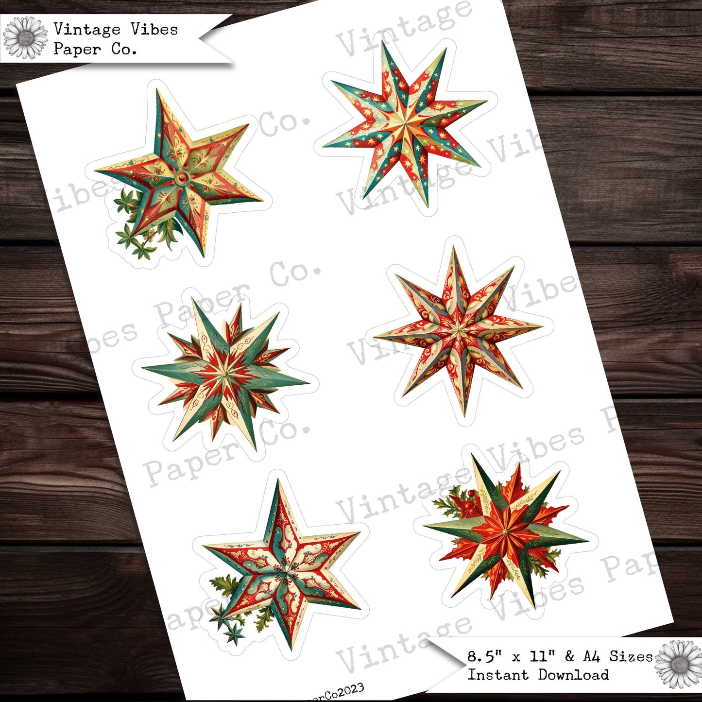 Christmas star fussy cut ephemera for junk journals, 18 collage cut outs for scrapbooking, crafts, digital ephemera sheets printable page