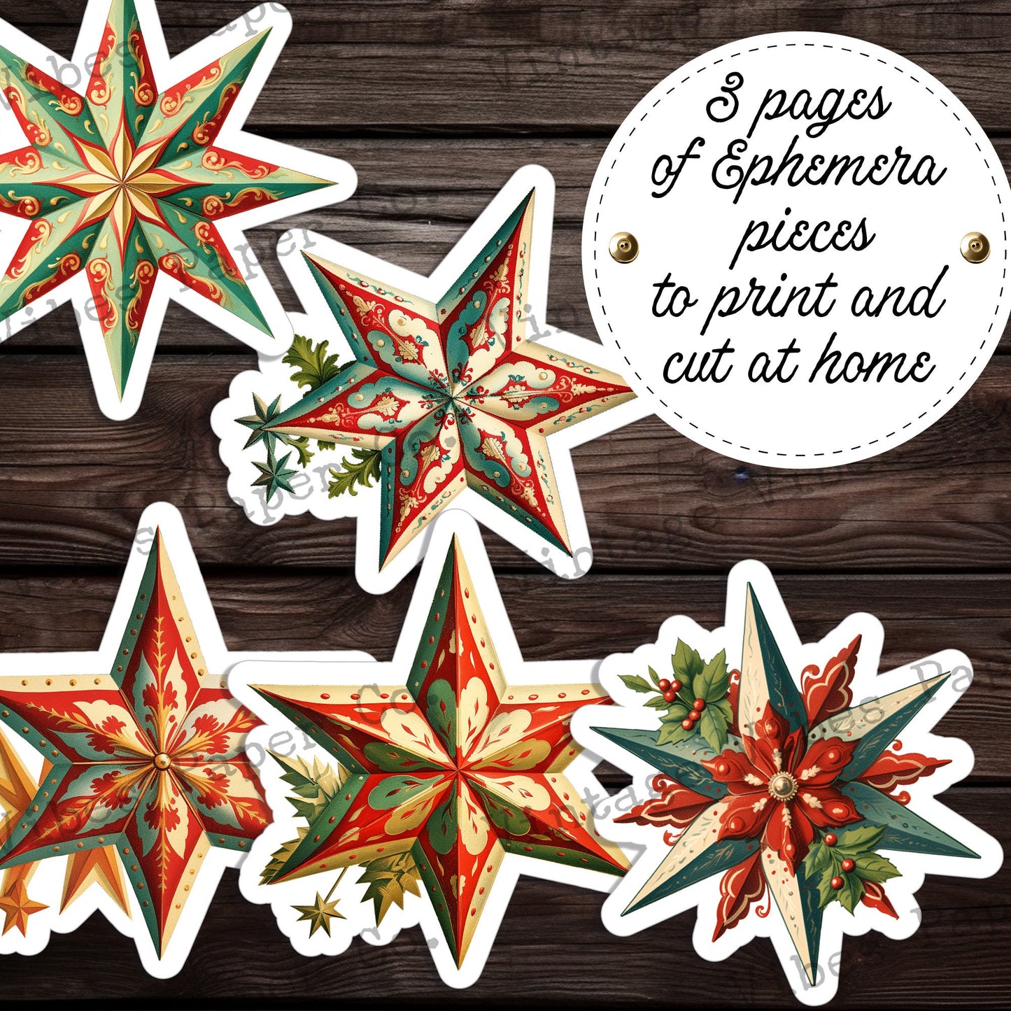 Christmas star fussy cut ephemera for junk journals, 18 collage cut outs for scrapbooking, crafts, digital ephemera sheets printable page