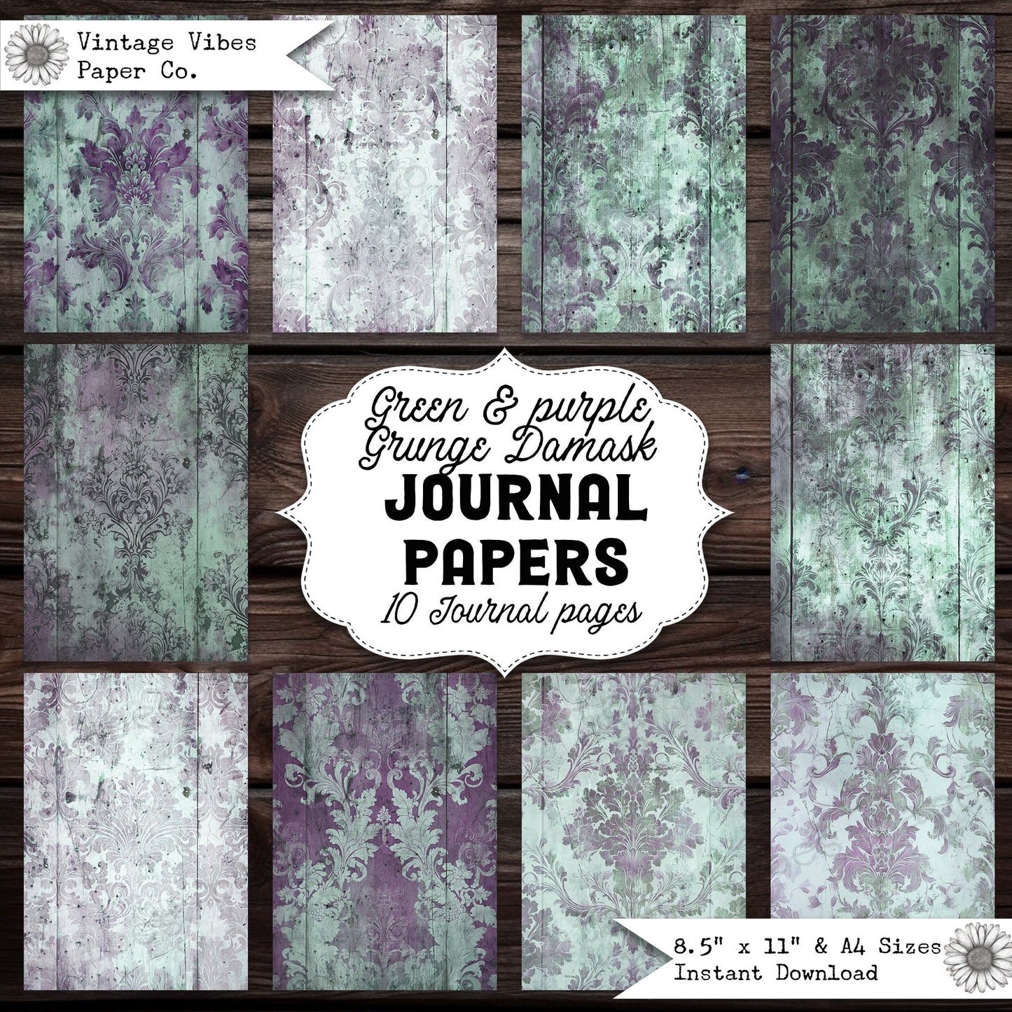 Junk journal papers purple & green Grunge Damask , textured vintage junk journal papers, download printable digital junk journal paper kit