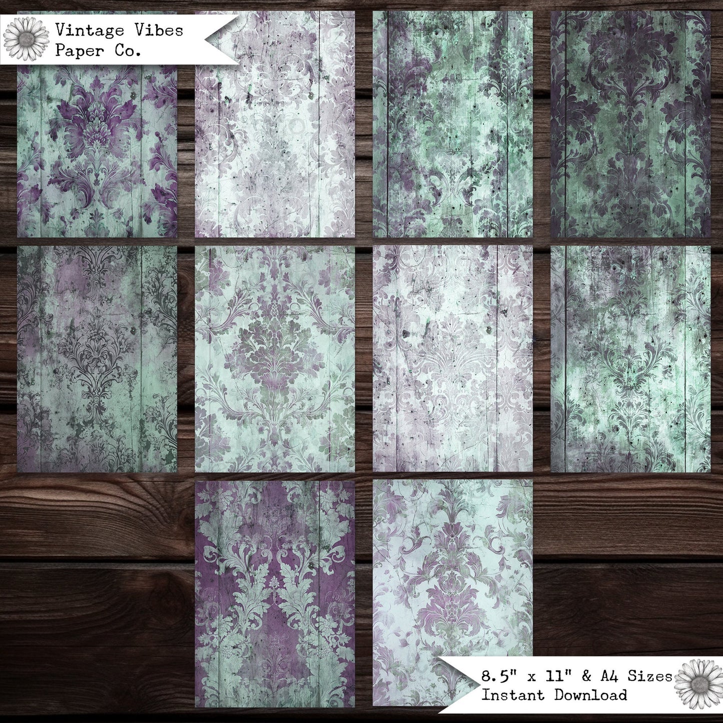 Junk journal papers purple & green Grunge Damask , textured vintage junk journal papers, download printable digital junk journal paper kit