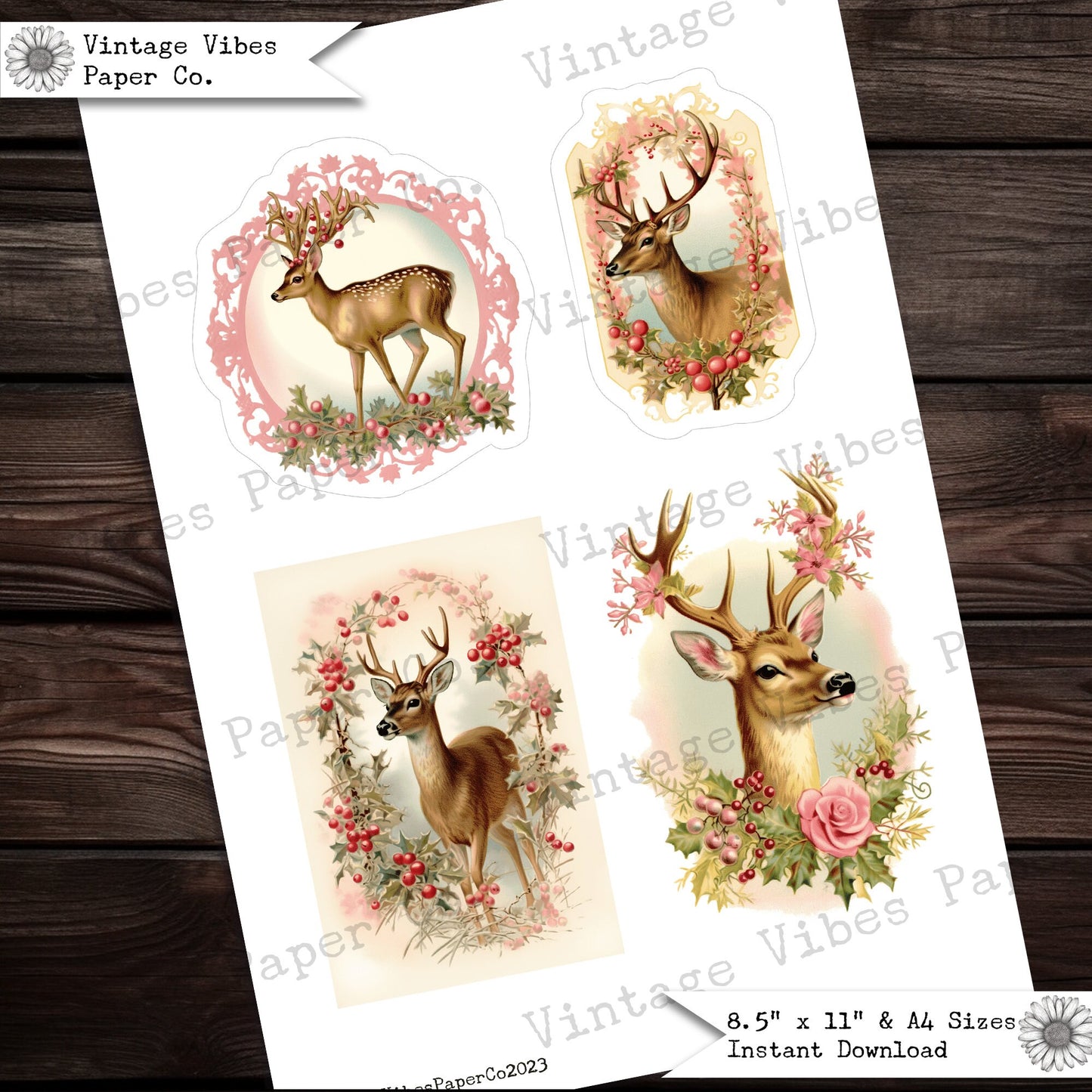 Pint Christmas vintage style junk journal ephemera pages, digital motifs to print and cut out, vintage fawn and more, retro images