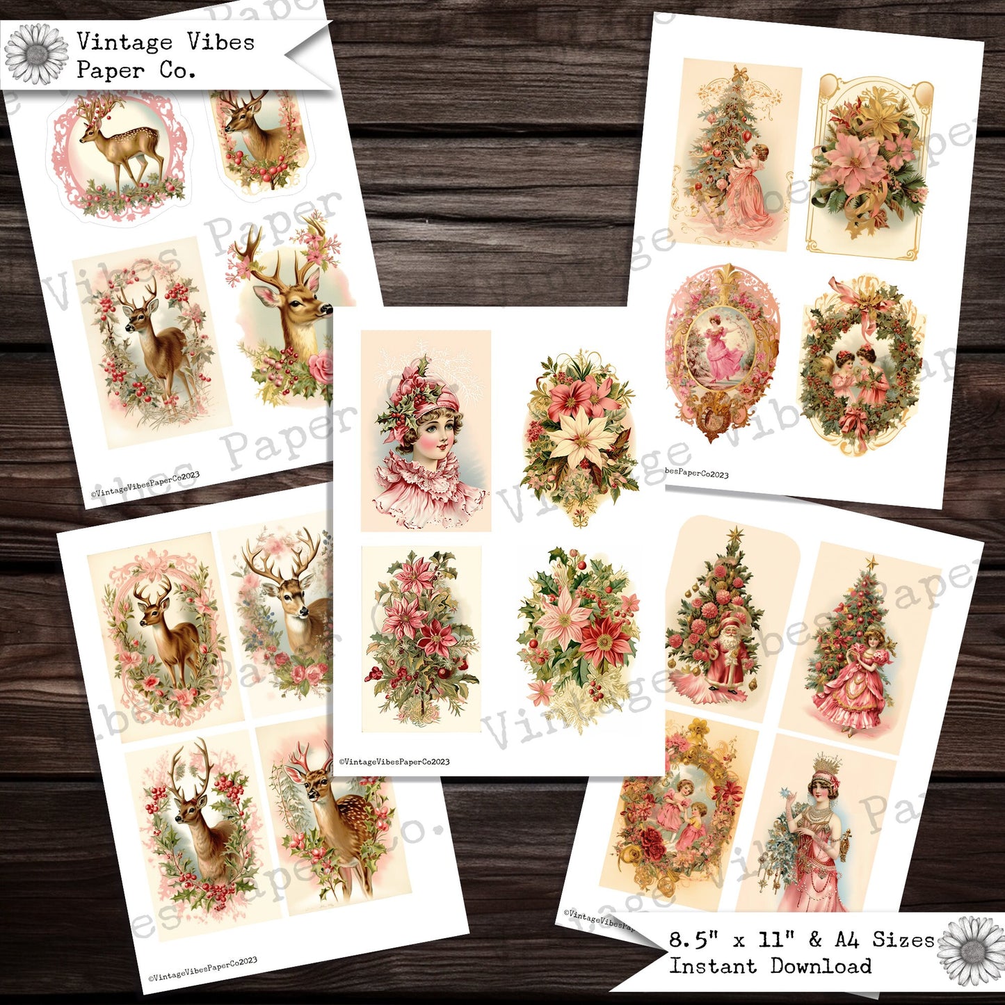 Pint Christmas vintage style junk journal ephemera pages, digital motifs to print and cut out, vintage fawn and more, retro images