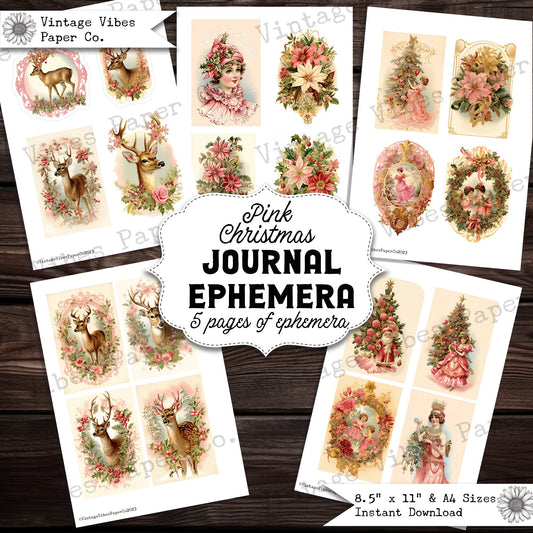 Pint Christmas vintage style junk journal ephemera pages, digital motifs to print and cut out, vintage fawn and more, retro images