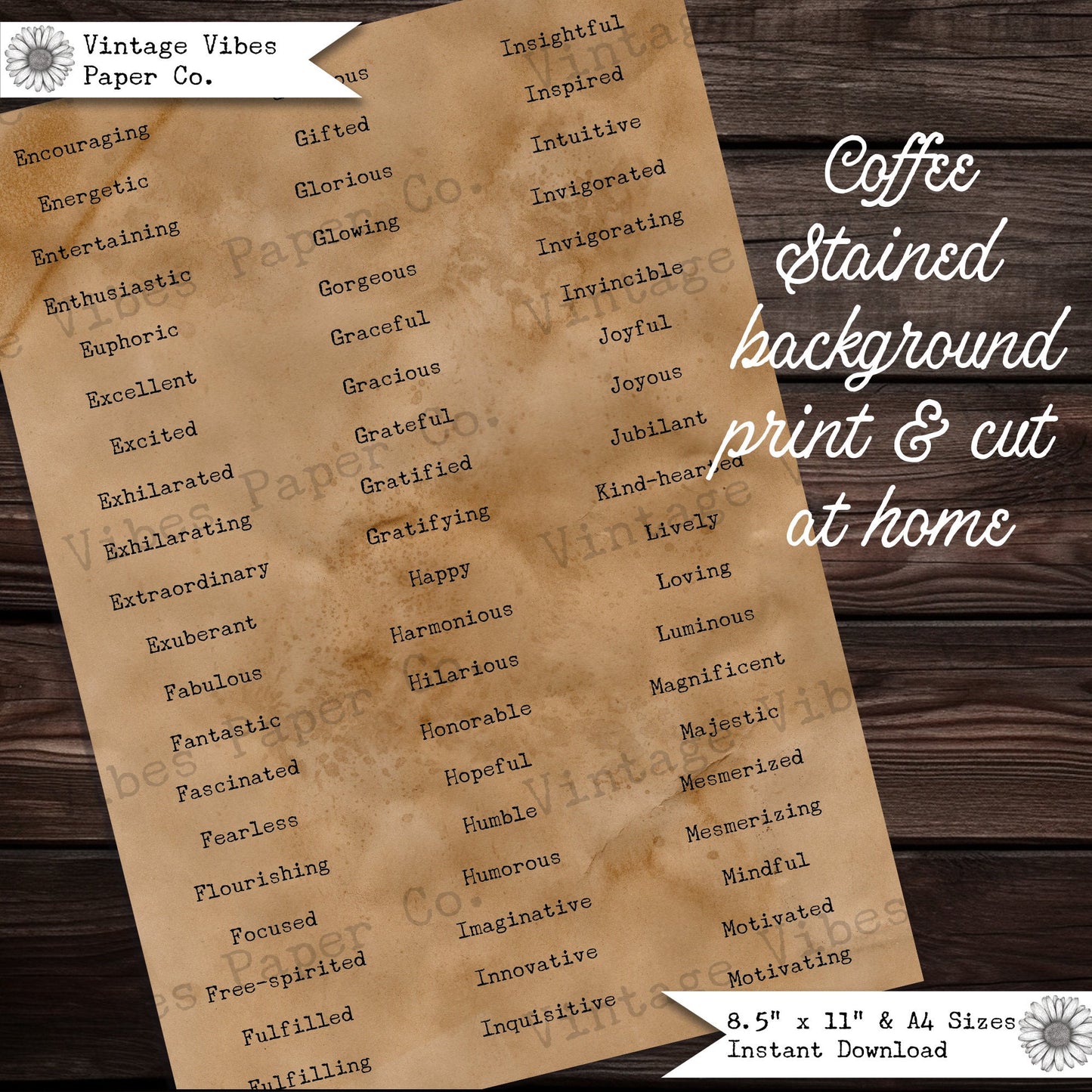 Junk journal word labels, poisitve inspirational junk journal word strips, coffee stained background words, digital printable labels