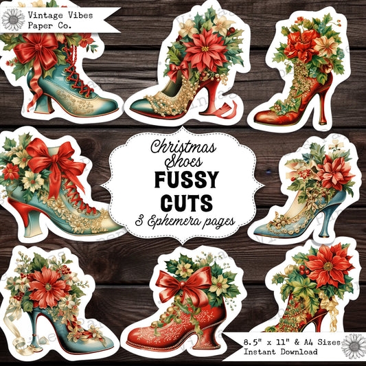 Christmas floral shoe junk journal fussy cut ephemera, digital download printable scrapbook collage ephemera cut outs, festive junk journal