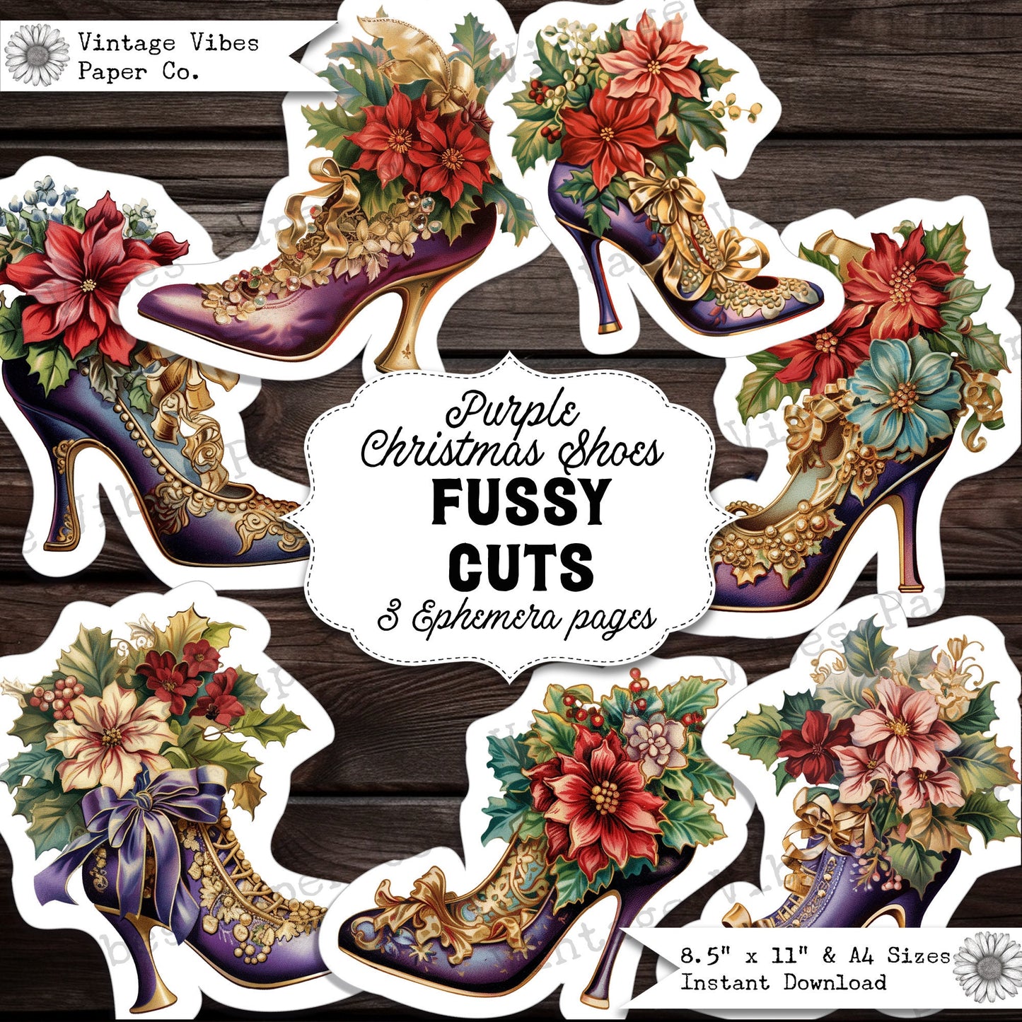 Christmas shoes fussy cut fashion ephemera for junk journals, purple collage cut outs for scrapbooks digital ephemera sheets printable page