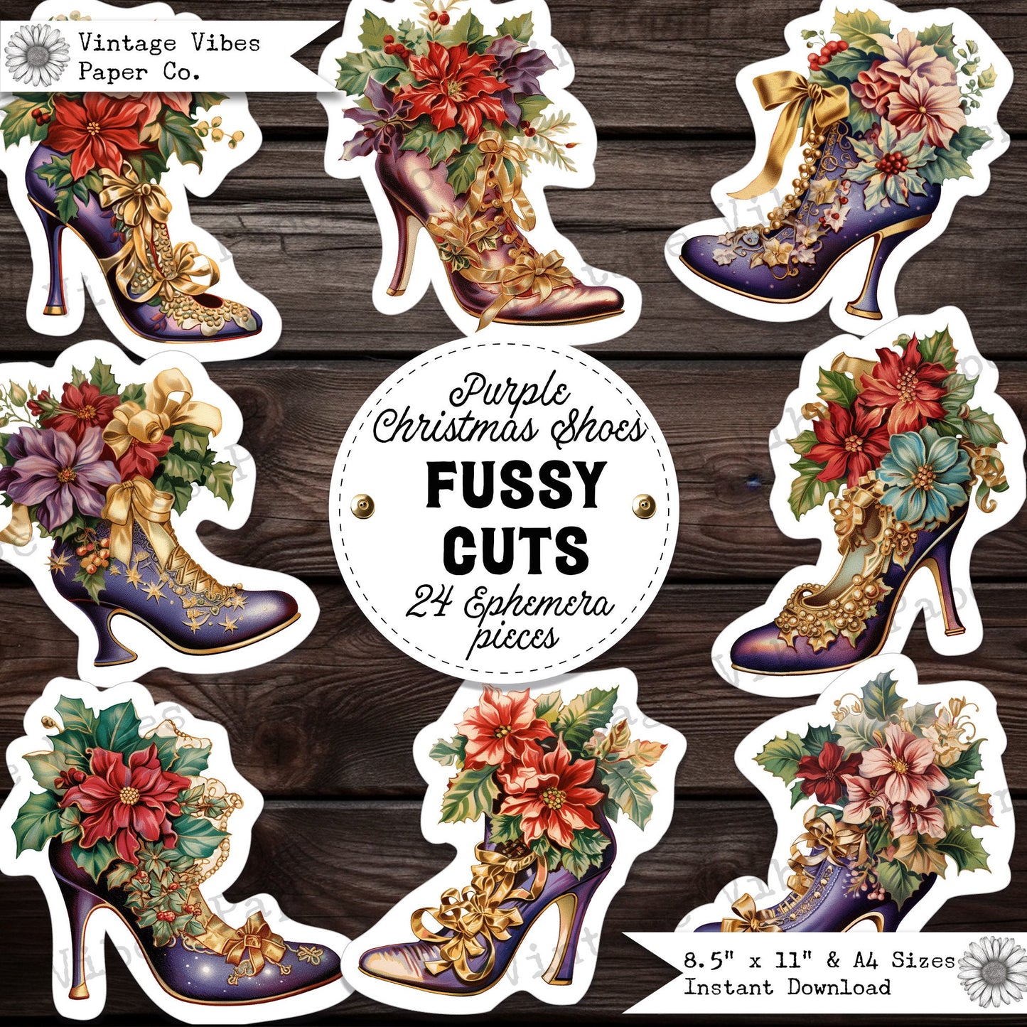 Christmas shoes fussy cut fashion ephemera for junk journals, purple collage cut outs for scrapbooks digital ephemera sheets printable page