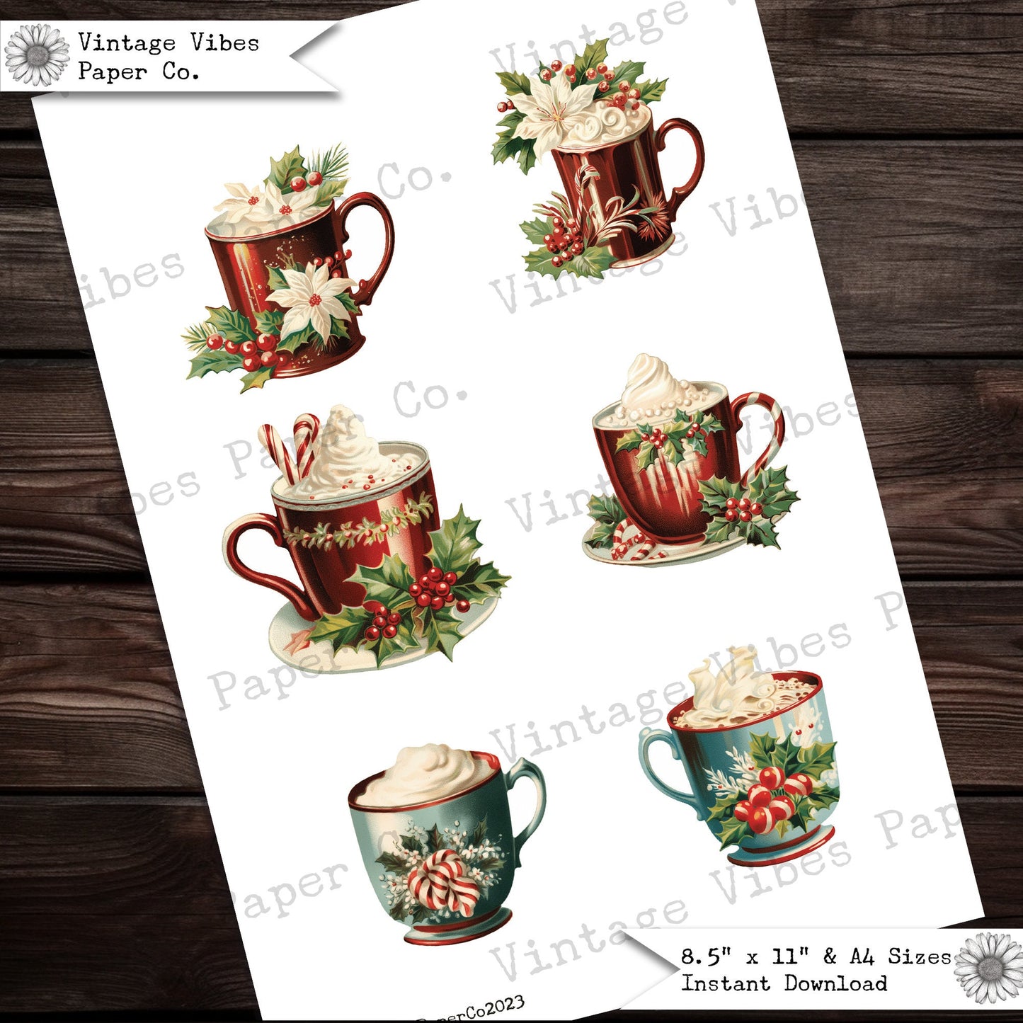 Christmas hot cocoa junk journal fussy cut ephemera, hot chocolate mug collage cut outs digital ephemera for scrapbooking & journals