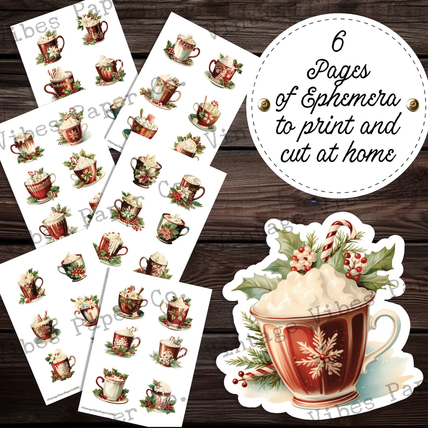 Christmas hot cocoa junk journal fussy cut ephemera, hot chocolate mug collage cut outs digital ephemera for scrapbooking & journals