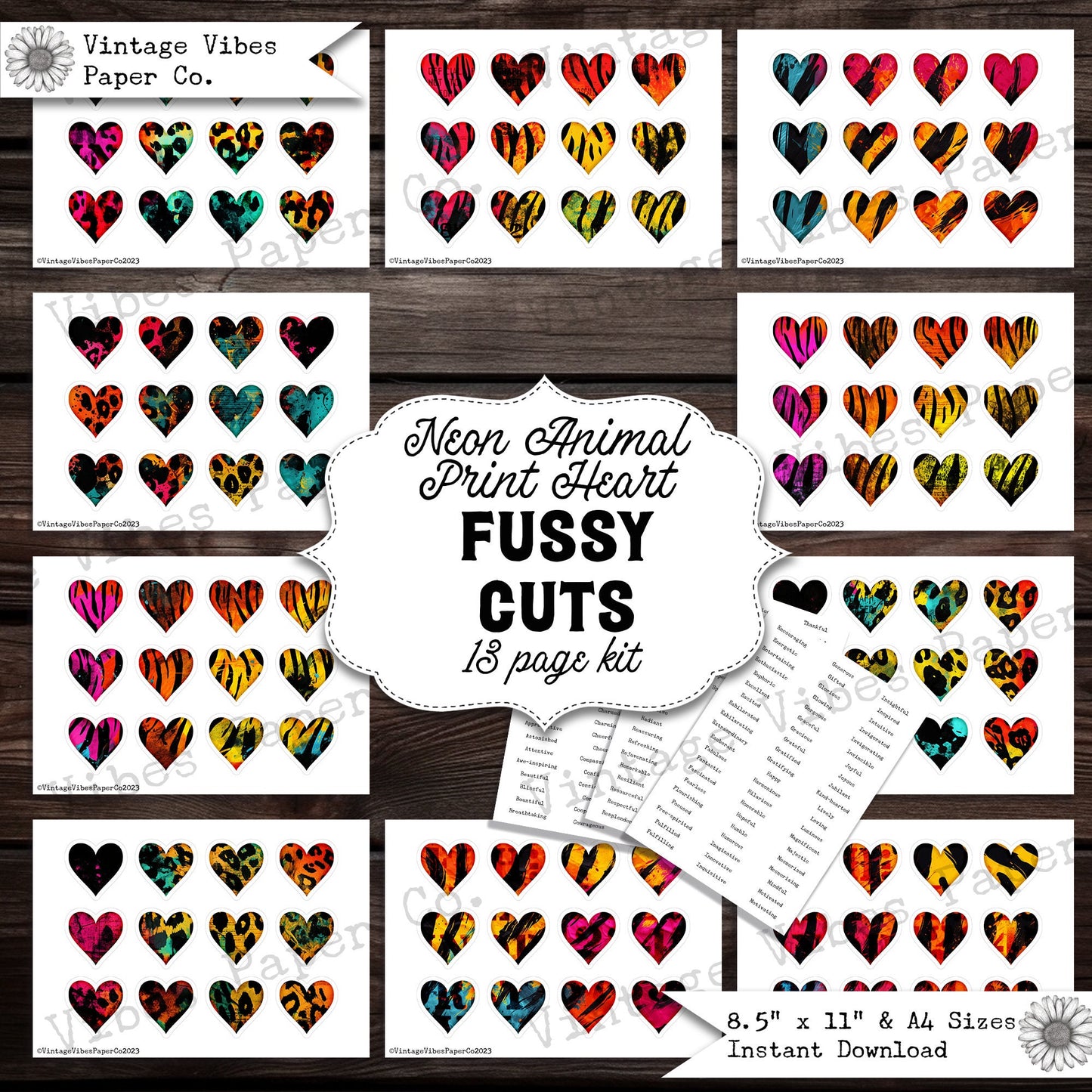 Ephemera fussy cuts Neon animal print heart cut outs for collage junk journals, art journals, 13 page junk journal ephemera digital download