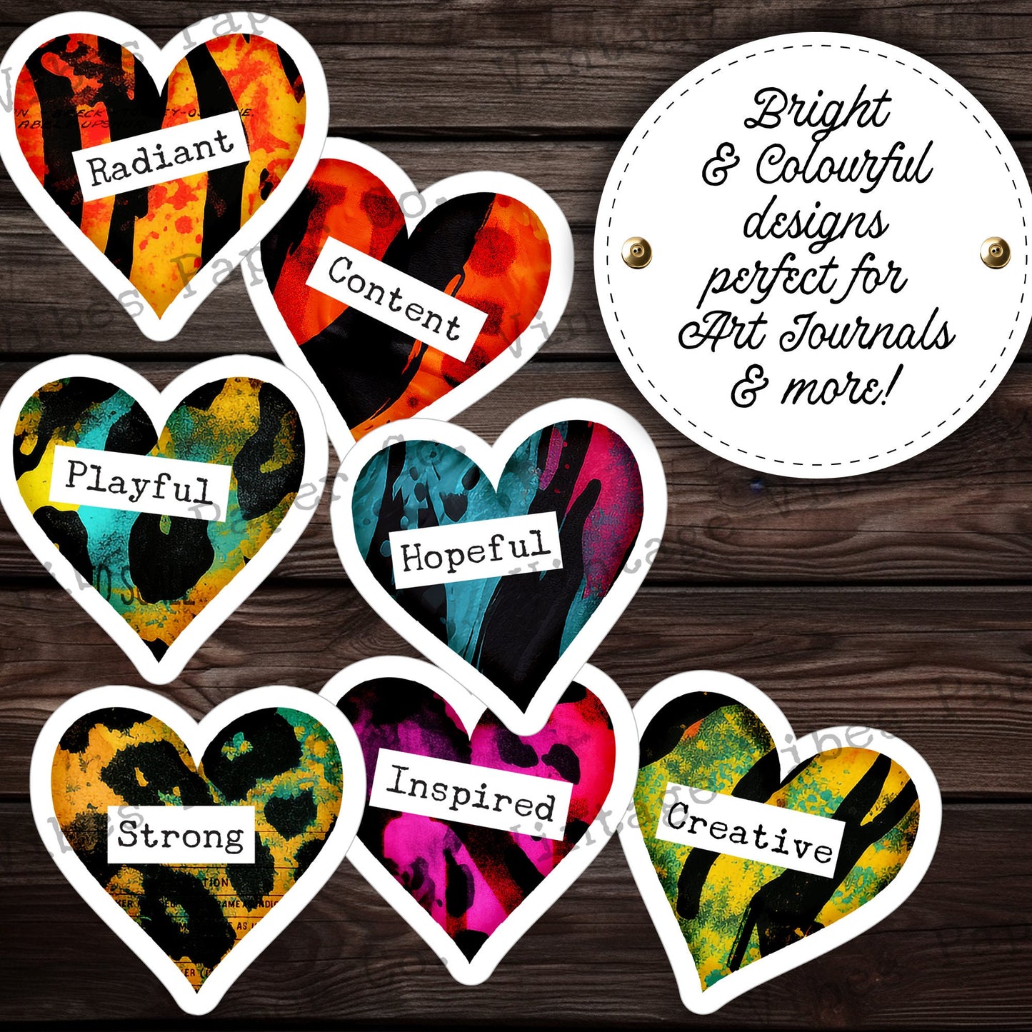 Ephemera fussy cuts Neon animal print heart cut outs for collage junk journals, art journals, 13 page junk journal ephemera digital download