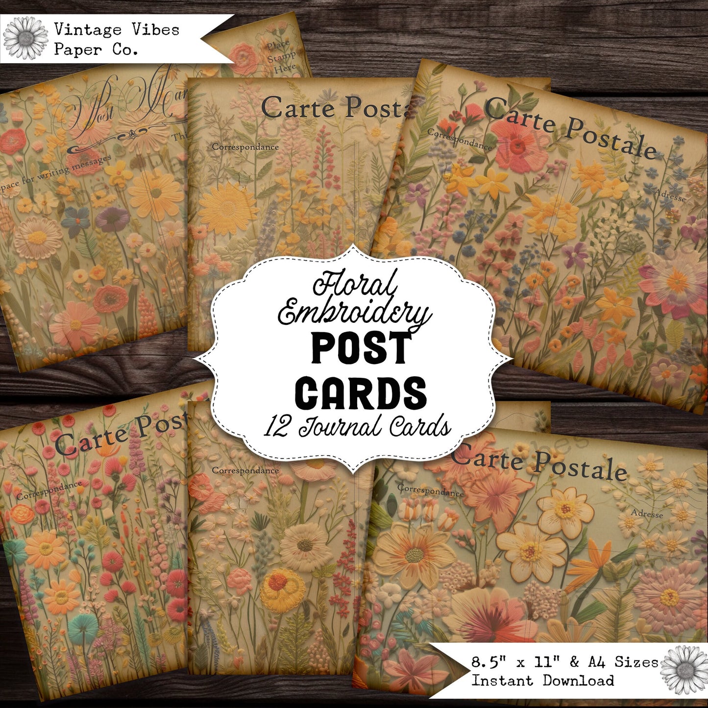 Junk journal ephemera postcards vintage embroidery, sewing themed botanical junk journal cards, digital printable ehemera kit 12 postcards