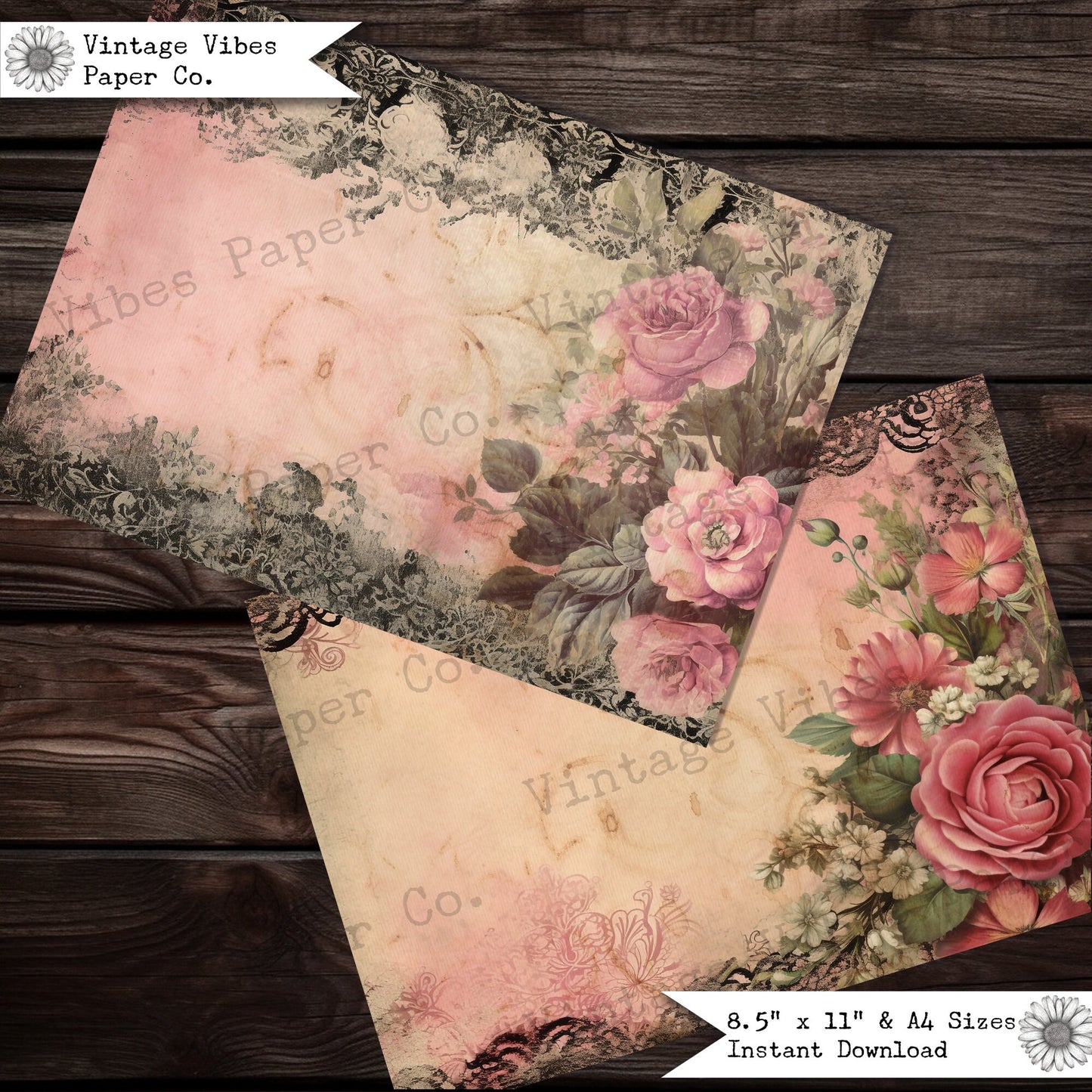 Junk journal papers Grungy Vintage lace backgrounds, Grunge pink roses & black lace, Victorian gothic junk journal papers, digital printable