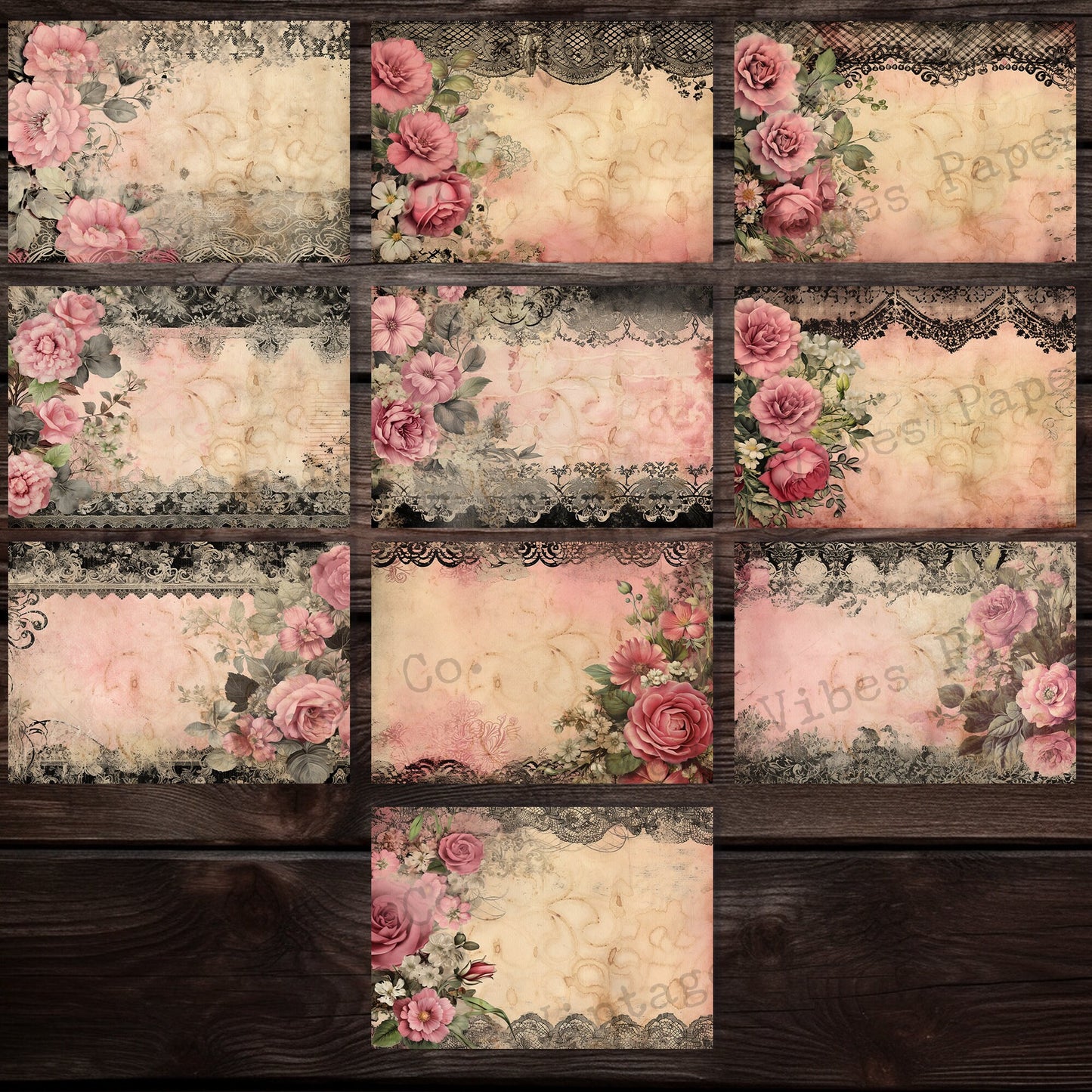 Junk journal papers Grungy Vintage lace backgrounds, Grunge pink roses & black lace, Victorian gothic junk journal papers, digital printable